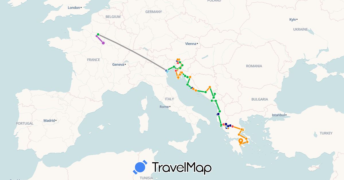 TravelMap itinerary: driving, bus, plane, cycling, train, hiking, boat, hitchhiking in Albania, Austria, Bosnia and Herzegovina, France, Greece, Croatia, Italy, Montenegro, Slovenia (Europe)